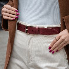 We've put a New York spin on western style. Reveal a little bit of your wild side with this premium leather belt, finished with a hair tip. Now the question is will you go monochromatic or for a pop of color? • Burgundy belt with burgundy hair tip• 1.25" (3.5 cm)• 100% cowhide premium leather, made in Spain.• Bushwick nickel free buckle Burgundy Belt Outfit, Classic Leather Belt Buckles For Fall, Classic Leather Belt For Fall, Classic Leather Belts For Fall, Trendy Leather Belt For Fall, Trendy Belts For Everyday Use, Leather Western Belts For Everyday, Western Belts With Belt Loops For Everyday Use, Red Belt Outfit Ideas