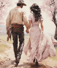 a painting of a man and woman walking down a dirt road with trees in the background