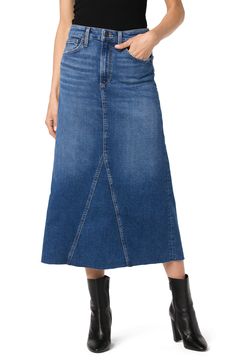 Every smart wardrobe needs this versatile denim skirt that takes you from desk to dinner with ease. 32" length Zip fly with button closure Five-pocket style 80% cotton, 18% recycled polyester, 2% elastane Machine wash, tumble dry Imported Smart Wardrobe, Denim Maxi, Denim Maxi Skirt, Denim Midi Skirt, How To Make Shoes, Cold Weather Accessories, Short Rompers, Dress Romper, 8 M