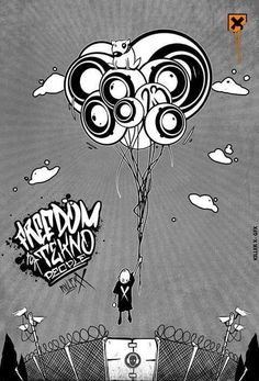 a black and white drawing of a person flying a kite in the sky with graffiti on it