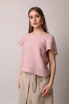 "Pink Linen Top CASERTA is classy linen summer clothing for women, fit both for office and holiday wear. It feels light, breezy, breathable and elegant linen shirt 100 percent pure soft linen.  Handmade linen women blouse features a relaxed fit, V type back and elegant flutter sleeves.  DETAILS: Made from 100% European Oekotex certified linen Stone washed for maximum softness SIZE: S-M-L-XL The model is wearing size M and is 5\"7\" (172 cm) tall COLOUR: Dusty Pink Other Colours available" Feminine Pink Linen Top, Feminine Linen Relaxed Fit Tops, Feminine Linen Blouse For Summer, Feminine Linen Tops With Relaxed Fit, Feminine Relaxed Fit Linen Tops, Feminine Linen Blouse With Relaxed Fit, Pink Linen Summer Tops, Feminine Relaxed Fit Linen Blouse, Relaxed Fit Feminine Linen Blouse