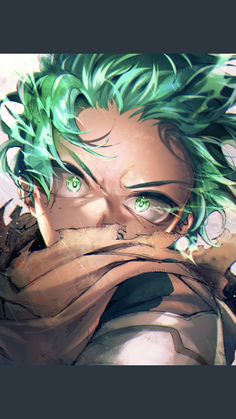 an anime character with green hair and blue eyes looking at the camera while holding his hand to his face