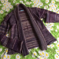 This Is In Perfect Condition! Never Worn. Tan And Purple, Tag Says Dry Clean Only. Fits Small Fitted Cozy Purple Sweater, Casual Fitted Purple Cardigan, Fitted Purple Cardigan For Layering, Fitted Purple Cotton Cardigan, Purple Fitted Cardigan For Fall, Fitted Purple Knitted Cardigan, Fitted Purple Cardigan For Fall, Crochet Clothing, Dry Clean Only