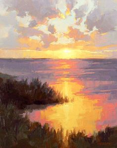 an oil painting of the sun setting over water