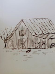 a drawing of a barn with a tree in the background