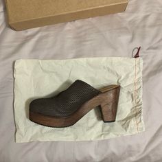 Never Worn Before Women's Trask Shoes. Comes In Original Shoe Box With Shoe Bag. Brown Heels With Rubber Sole For Spring, Brown Leather Slip-on Heels, Brown Slip-on High Heels, Casual Brown Mules With Textured Sole, Chic Clogs With Leather Sole And Medium Width, Chic Clogs With Leather Sole In Medium Width, Brown Closed Toe Mules With Textured Sole, Brown Leather Mules With Stacked Heel, Brown Leather Mules With Textured Sole