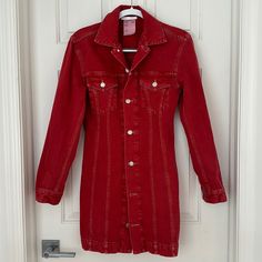 Never Used Red Denim Dress From Helmut Lang. Size S Fitted Body. Runs Small Red Denim Dress, Red Fitted Dress With Pockets, Fitted Red Mini Dress With Button Closure, Fitted Red Dress With Pockets, Fitted Red Dresses With Pockets, Red Button-up Mini Dress, Red Fitted Button-up Mini Dress, Red Button-up Mini Dress For Spring, Red Denim