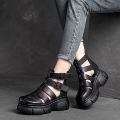 Women Summer Casual Platform Leather Sandal Boots Summer High Heels, Roman Sandals, Elegant Heels, Woven Sandals, Handmade Sandals, Wedges Style, Strappy Wedges, Cool Boots, Casual Shoes Women