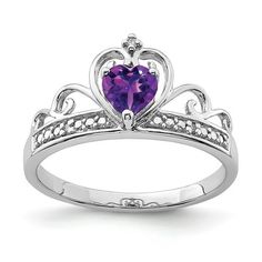 Sterling Silver Rhodium Plated Diamond & Amethyst Teardrop Ring. Material: Primary - Purity:925|Stone Type_1:Diamond|Stone Type_2:Amethyst|Stone Color_2:Purple|Stone Quantity_1:3|Stone Quantity_2:1|Band Width:2 mm|Stone Setting_1:Prong Set|Stone Setting_2:Prong Set|Stone Weight_1:0.015 ct|Stone Weight_2:0.35 ct|Feature:Solid|Manufacturing Process:Casted|Material: Primary:Sterling Silver|Stone Shape_1:Round|Stone Shape_2:Heart|Stone Size_2:5 mm|Stone Treatment_2:Heating|Item Weight U/M:gm|Product Type:Jewelry|Jewelry Type:Rings|Material: Primary - Color:White|Ring Type:Gemstone|Stone Creation Method_1:Natural|Stone Creation Method_2:Natural Size: 7.0.  Gender: unisex.  Age Group: adult. Heart Shaped Amethyst, Emerald Engagement Ring Set, Black Onyx Engagement Ring, Diamond Wedding Jewelry, Amethyst Ring Engagement, Teardrop Ring, Heart Stone, Purple Jewelry, Engagement Ring White Gold