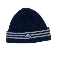 Vintage Y2K Adidas navy blue white minimal crochet style winter beanie hat Navy Casual Winter Hats, Navy Casual Beanie Hat, Navy Cap For Winter, Navy Hats For Winter Cold Weather, Navy Winter Cap, Sporty Winter Beanie Hat, Winter Sports Beanie Hat, Warm Sports Beanie Hat, Winter Sports Hat