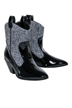 Current Boutique-Guiseppe Zanotti - Black Western Style Booties w/ Silver Glitter Sz 9 Glitter Ankle Boots For Evening, Glamorous Glitter Ankle Boots, Chic Sequined Pointed Toe Boots, Glitter Boots For Evening In Fall, Glamorous Shimmer Boots With Pointed Toe, Glamorous Shimmer Pointed Toe Boots, Evening Boots With Glitter And Pointed Toe, Glitter Boots With Pointed Toe For Evening, Glitter Pointed Toe Boots For Evening