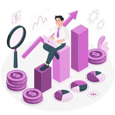 a man sitting on top of a purple bar chart with the words golden rules for stock trading