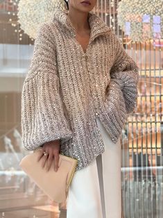 Elegant Loose Plain Zipper Glitter Long Sleeve Sweater | stylewe Oversize Pullover, Sequin Cardigan, Two Piece Jumpsuit, Sequin Sweater, Cozy Knit, Collar Pattern, Loose Outfit, Turndown Collar, Collar Sweater