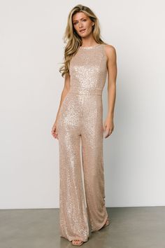 Gold Jumpsuit Wedding, Champagne Pantsuit, Rose Gold Outfits, Sequin Aesthetic, Sequin Jumpsuit Outfit, Rose Gold Jumpsuit, Anniversary Outfits, Pink Ladies Outfit, Sequin Outfits