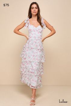 Your radiance is sure to stun when you wear the Lulus Endlessly Gorgeous White Floral Burnout Tie-Strap Midi Dress! Sheer woven organza, with a burnout floral pattern throughout, shapes tying shoulder straps that support a bustier-style bodice with a sweetheart neckline and seamed cups. Fitted waist tops a ruffled skirt that cascades to a midi hem. Hidden zipper/clasp at back. Fit: This garment fits true to size. Length: Mid-calf length. Size medium measures 43" from adjustable straps to hem. Bu Summer Chiffon Midi Dress With Ruffled Straps, Spring Chiffon Midi Dress With Ruffled Straps, Summer Chiffon Dress With Tie Straps, Party Midi Dress With Adjustable Ruffled Straps, Spring Chiffon Midi Dress With Spaghetti Straps, Lace Midi Dress For Prom In Summer, Spring Lace Dress With Straps, Spring Lace Dresses With Straps, Spaghetti Strap Prom Dress With Tie Straps