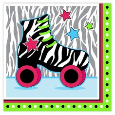 a skateboard with zebra print and stars on the top is in front of a green frame