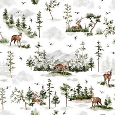 an animal themed wallpaper with deer and trees