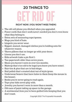 a pink and white poster with the words, 20 things to get rid off