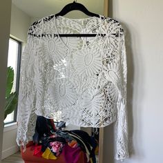 Knitted Flower Pattern In This Long Sleeve Shirt Nwt White Casual Lace Top For Fall, Casual White Lace Top For Fall, Long Sleeve Pointelle Knit Crochet Top For Day Out, Long Sleeve Crochet Top For Spring, Long Sleeve Pointelle Crochet Top For Day Out, Crochet Long Sleeve Tops For Day Out, Long Sleeve Crochet Top For Spring Day Out, Long Sleeve Crochet Tops For Day Out, White Open Knit Blouse For Summer