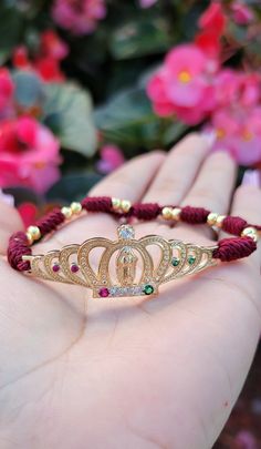 Two color options Adjustable to fit any size wrist 14k gold plated Virgin Mary center Cross Bracelet, Handmade Bracelet, Virgin Mary, Burgundy Red, Pure White, Cute Jewelry, Handmade Bracelets, Color Options, Gold Plate