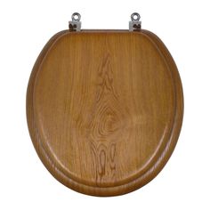 a wooden toilet seat with metal handles