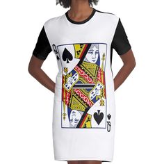 Loose and casual fit jersey t-shirt dress. Printed polyester blend front panel, solid color 100% cotton back/sleeves/rib. Size range XS-2XL. The queen of spades is one of 52 playing cards in a standard deck: the queen of the suit of spades. In cartomancy, the queen of spades is considered to be a sign of intelligence. It is representative of judgment that is practical, logical, and intellectual. It represents a woman who is creative and makes her plans ahead of time. Playing Card Graphic, Sign Of Intelligence, Playing Card, Dress For Sale, Casual Fit, Casual Fits, Jersey T Shirt, The Queen, T Shirt Dress