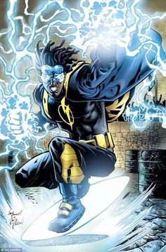 the comic character is flying through the air with his cape open and lightning behind him