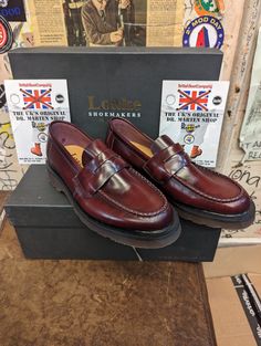 These are an unbelievable quality shoe. They are original,Loakes loafers with Dr Martens sole . These were made in the 1990s, when Loakes were able to make their own shoes with the DM sole. They are a beautiful Burgundy colour and a classic penny loafer design.  A shoe that offers style in abundance. We have sizes 3-5, 36-38 available Retro Leather Sole Loafers With Round Toe, Retro Loafers With Leather Sole And Closed Toe, Retro Closed Toe Loafers With Leather Sole, Retro Leather Sole Closed Toe Loafers, Retro Slip-on Loafers With Leather Sole, Vintage Slip-on Loafers With Round Toe, Vintage Brogue-styled Closed Toe Loafers, Vintage Brogue Detailed Closed Toe Loafers, Vintage Leather Loafers With Rubber Sole