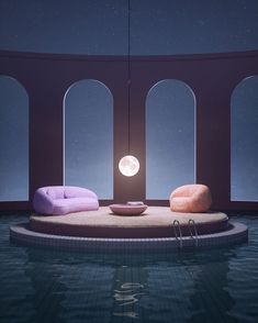 an indoor swimming pool with two bean chairs and a lamp on the end of it