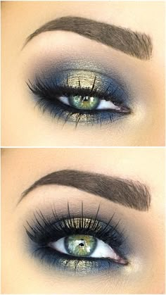 Eyebrows Ideas, Jasmine Makeup, Make Up Gold, Blue Smokey Eye, Mekap Mata, Makeup Looks For Green Eyes, Smink Inspiration, Smoky Eyes, Gold Eyeshadow