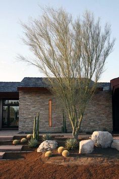 a house that has some rocks in front of it and a tree on the other side