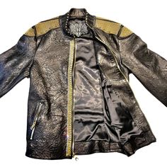 Kashani Alligator Studded Swarovski Lambskin Bomber JacketSkin: Lambskin, Crystal, AlligatorStyle: Bomber JacketColor: Black/Silver Stud or Black/Gold Stud Trendy Mens Fashion, Studded Jacket, Leather Jacket Black, Gold Stud, Gold Studs, Lambskin Leather, Alligator, Black Silver, Mens Jackets