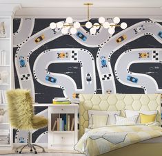 a bedroom with a large wall mural in the shape of a race track