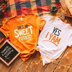 These She's My Sweet Potato / Yes I Yam shirts will make you happy! It's is everything you've dreamed of and more for Thanksgiving lovers. It feels soft and lightweight, with the right amount of stretch. It's comfortable and flattering for all.  * 100% Airlume combed and ringspun cotton (fiber content may vary for different colors) * Light fabric (4.2 oz/yd² (142 g/m * Retail fit * Tear away label * Runs true to size -----How To Order----- 1) Please, check and review all photos 2) Choose your si Couples Thanksgiving Shirts, Funny Friendsgiving, Friendsgiving Shirts, Couples Thanksgiving, Friend Shirts, Best Friend Shirts, Sweet Shirt, Matching Tees, Shirts Funny