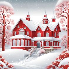 a red house in the snow with stairs leading up to it and trees on either side