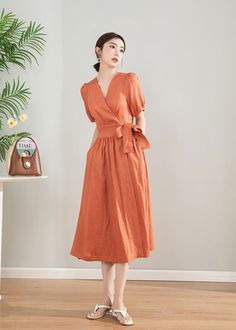 Short Sleeve Orange Wrap Linen Dress, Summer Wrap Midi Dress, Womens Dress, Long Linen Dress, Casual Linen Dress, Custom Dress * Handmade * 100 %25 washed and softened linen * With inner pockets * Custom measurements Please send me your bust, waist,hips, and height measurements if you want a custom fit. Belted V-neck Summer Dress, Belted V-neck Daywear Dresses, Casual V-neck Linen Dress For Brunch, Solid Color V-neck Cotton Midi Dress, Summer A-line Belted Wrap Dress, Fitted V-neck Linen Sundress, Summer Belted Maxi Dress For Brunch, Summer Brunch Belted Maxi Dress, Solid Short Sleeve V-neck Summer Dress