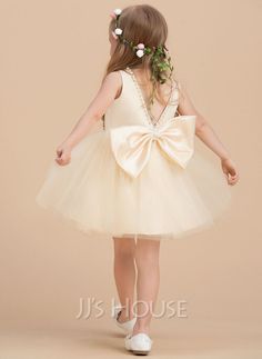 A-Line Knee-length Flower Girl Dress - Satin/Tulle Sleeveless Scoop Neck With Beading (010211903) - JJ's House Flower Girl Dresses Knee Length, Tea Length Flower Girl Dress, Sleeveless Flower Girl Dresses, Tulle Flower Girl Dress, Girls Tulle Dress, Girls Dresses Online, Ball Gowns Princess, Tulle Flower Girl, Satin Tulle