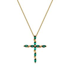 10K Yellow Gold Created Emerald Cross Pendant with Chain  Adorn your neckline with a beautiful symbol of your faith. This unique 10K gold cross pendant features marquise-cut created emeralds in an elegant, twist design. Includes cable chain necklace.       Pendant approx. 1-1/8"L x 7/8"W     Chain approx. 16"L with 2" extender     Stamped 10K yellow gold     Cable chain necklace; lobster claw clasp   Stone Information       All sizes and weights approximate     Total Carat Weight: 0.706ct     Cr Emerald Cross, Beautiful Symbols, Cable Chain Necklace, Gold Cross Pendant, Color Bands, Pendant With Chain, Gold Cross, Marquise Cut, 10k Gold