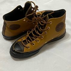 Brand New Brown, Tan Chuck Taylor All Stars With Black Rubber Soles. Never Worn, However Does Not Come In Original Packaging. Converse Shoes Custom, Custom Chuck Taylors, Converse Shop, Mens Leather Sandals, Shoes Custom, Mens Leather, Womens Converse, Trendy Colors, Black Rubber