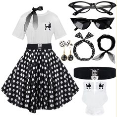 PRICES MAY VARY. Package Included 10Pcs - 1 x polka dot skirt, 1 x poodle T-shirt, 1 x poodle socks, 1 x chiffon scarf, 1 x headband, 2 x plastic eyeglasses, 1 x belt, 2 x earrings, this 50s polka dot skirt and Tshirt set comes with full the accessories you can easily mix and match to create a variety of stylish and nostalgic looks, transport you back to that vibrant and charming era in an instant! Unique Design Of The 1950s Outfits-This 1950s retro outfit set features a classic poodle design, a hallmark of the elegance and vibrancy of that era. The T-shirt is adorned with a small, delicate poodle, simple yet stylish, while the skirt showcases a dynamic black and white polka dot pattern. Matching poodle socks, adding a fun and cohesive touch to the outfit. Each piece has been carefully des Sock Hop Outfits, Skirt And Tshirt, 50s Accessories, 1950s Poodle Skirt, Retro Birthday Parties, Poodle Skirts, 50s Outfits, Retro Outfit, 1950s Outfits