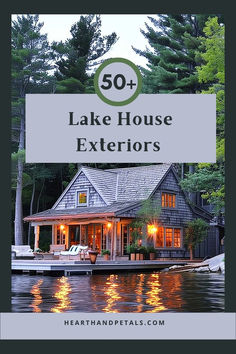 Cozy lakeside cottage with warm lighting and wooden exterior. Cabin Lake House Exterior, Small Lake House Exterior Color Schemes, Lake House Cottage Exterior, Lake Cottage Remodel, Cottage Lake House Exterior, Lake House Ideas Exterior, Lake House Docks Ideas, Lake House Siding Ideas Exterior Colors, Lake House Decks Outdoor Spaces