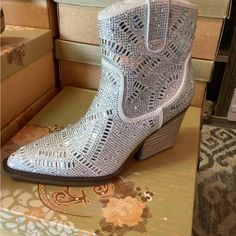 Beautiful Rhinestone Booties White Rhinestone Boots For Spring, White Rhinestone Boots With Round Toe, Spring Silver Boots With Rhinestones, Silver Rhinestone Boots For Spring, Silver Embellished Boots For Spring, Heeled Boots, Boots, Silver, Women Shopping