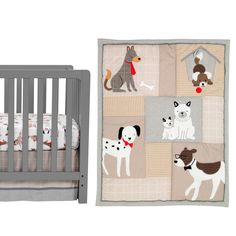 a baby crib next to a bed with dogs on it