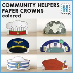 paper crowns with different hats on them and the words community helpers written in blue