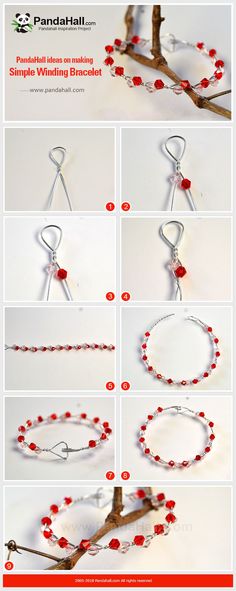 the instructions for making beaded bracelets with red beads and silver wire on them