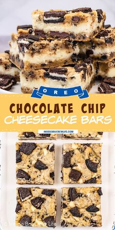 chocolate chip cheesecake bars stacked on top of each other with the title above it