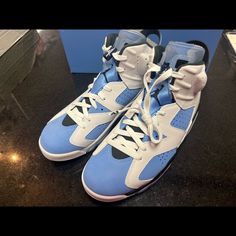 Retro 6s White & Blue Nwb Blue Low-top Sneakers With Contrasting Heel, Blue Low-top Sneakers With Contrasting Heel Counter, Blue High-top Sneakers With Contrasting Heel, Blue Sneakers With Contrasting Heel And Round Toe, Blue Jordan Shoes With Boost Midsole, Blue Lace-up Jordan Shoes With Boost Midsole, Jordan Shoes Retro, Shoes Retro, Jordans For Men