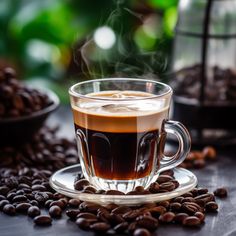 a cup of coffee sitting on top of a saucer filled with coffee beans and steam coming out of it