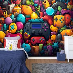 a bed room with a neatly made bed next to a wall covered in video game controllers