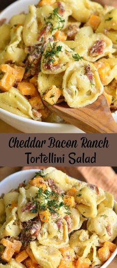 two pictures of cheddar bacon ranch tortelli salad